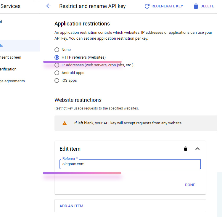 restrict google api key to website