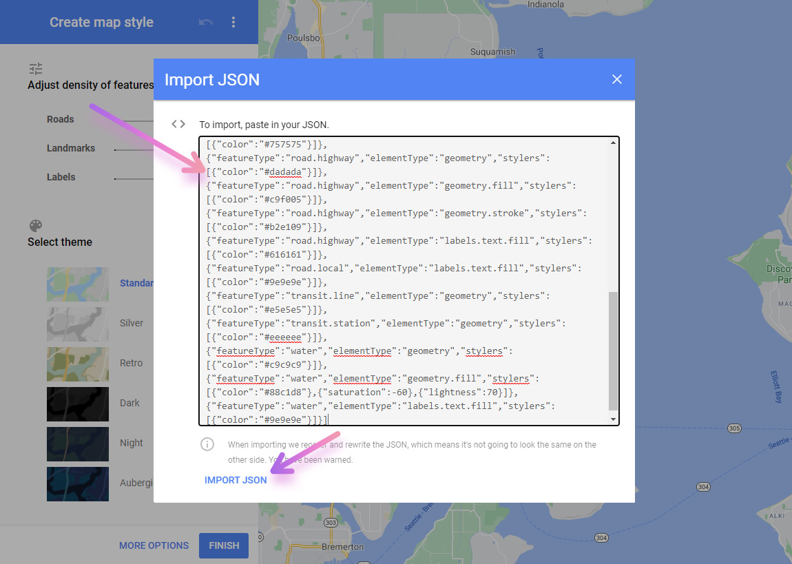 google map style wizard json import