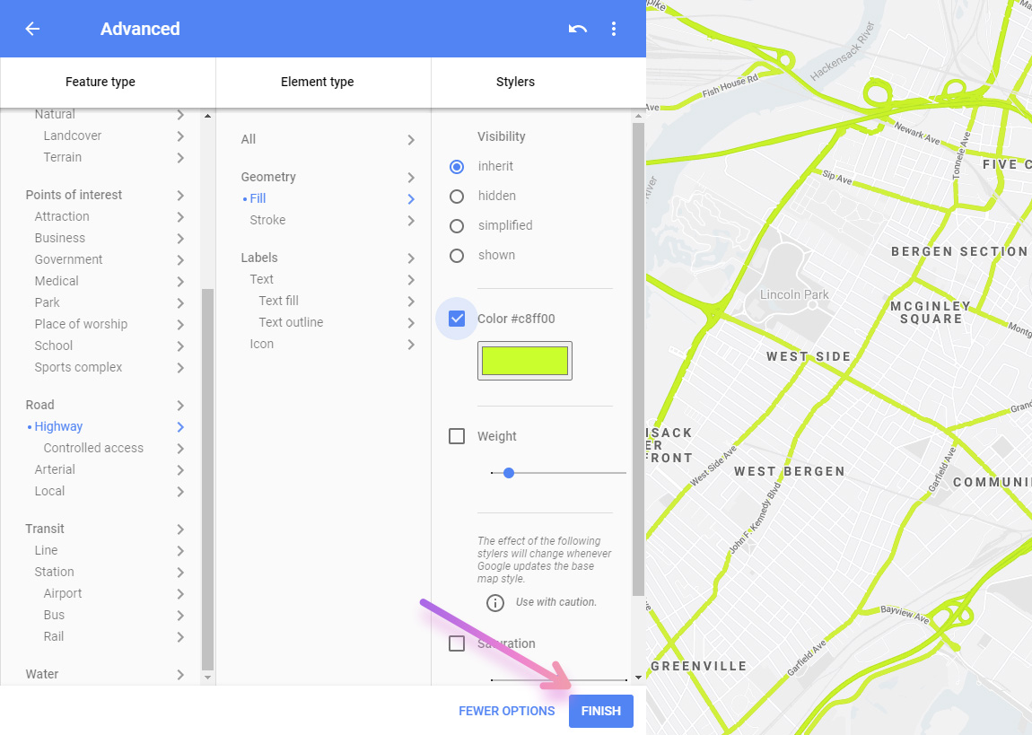 google map style wizard customize map