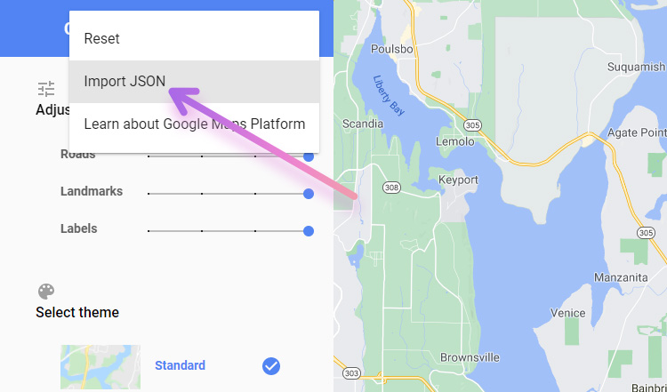 google map style wizard json import menu