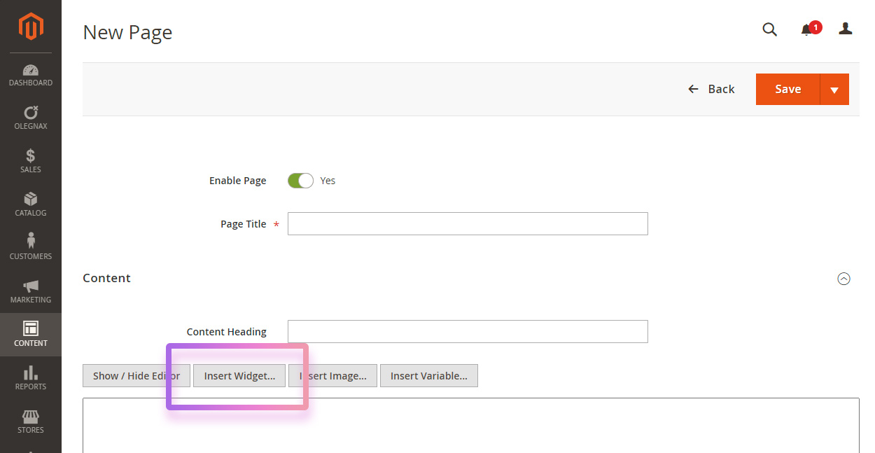 insert widget in page content in Magento 2